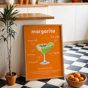 Impression numérique d'art mural Margarita Ingredients | Décoration de cocktail rétro originale pour chariot de bar et cuisine, affiche de cocktail margarita amusante