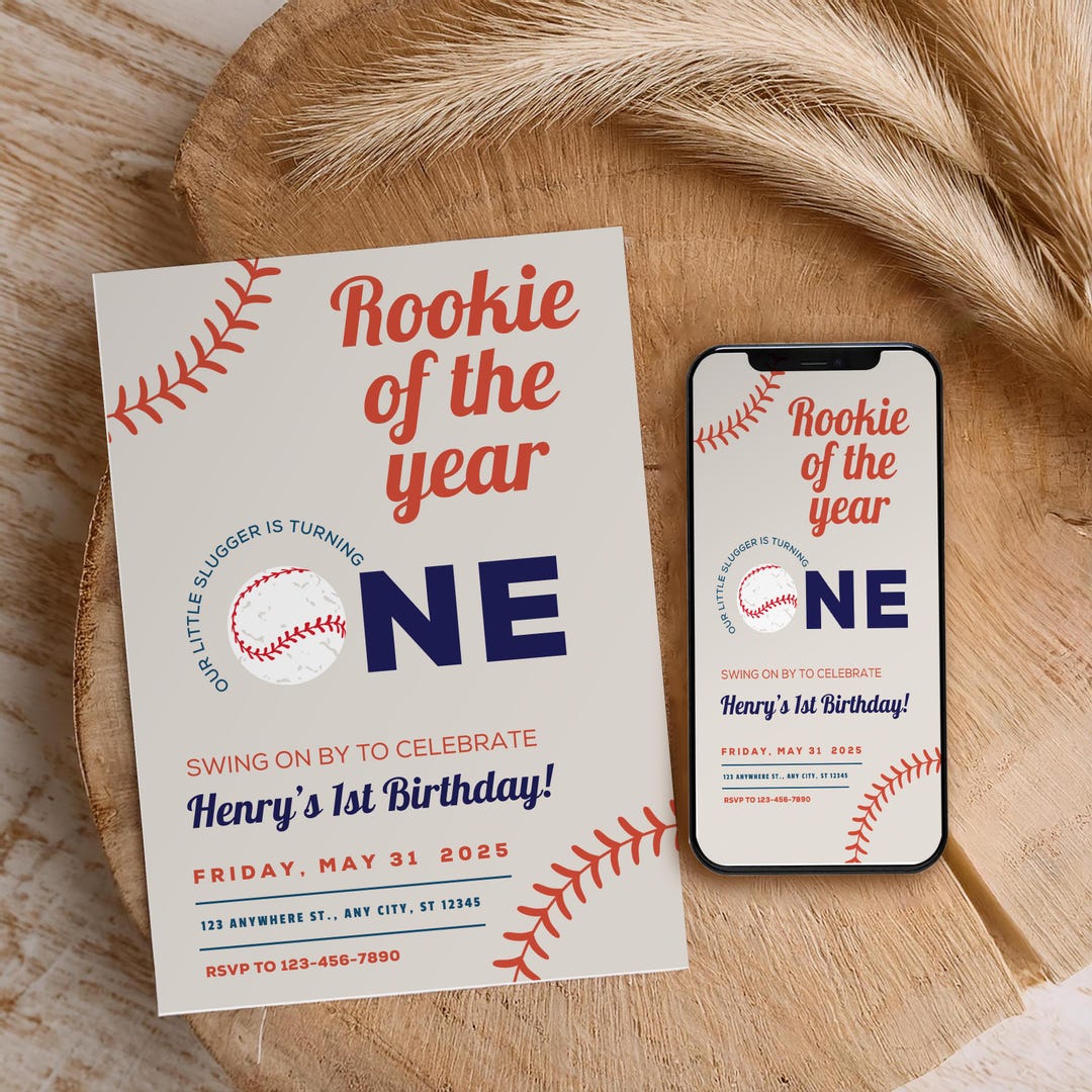 Rookie of the Year First Birthday Invitation: Baseball Theme (digital ...