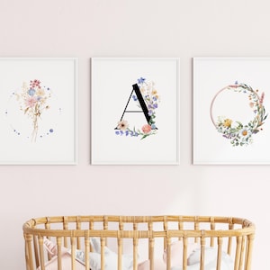 Arte de pared personalizado con flores silvestres bohemias para habitación infantil / Juego de 3 impresiones artísticas para habitación infantil, decoración personalizada para bebés