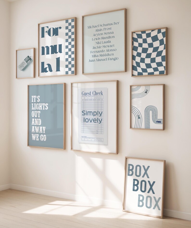 Blue Formula 1 Gallery Wall Art Bundle | Blue F1 Digital Prints & Minimalist Aesthetic Decor for Your Home