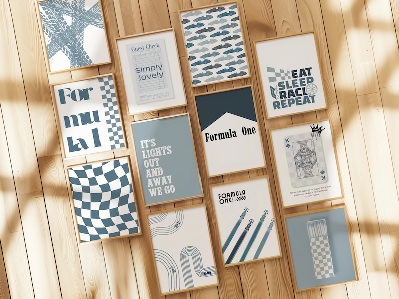 Blue Formula 1 Gallery Wall Art Bundle | Blue F1 Digital Prints & Minimalist Aesthetic Decor for Your Home