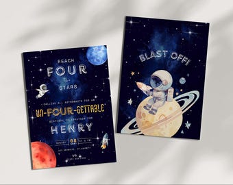 Space 4th Birthday Invitation: Reach FOUR the Stars, Editable Canva Template (Digital Download)