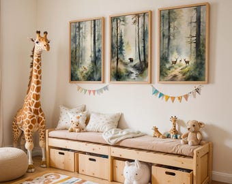 Estampas de animais da floresta em aquarela: decoração para berçário na floresta (download digital)