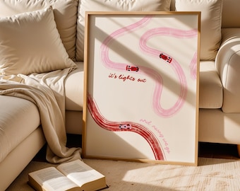 Roze en rode F1-raceposter: minimalistische formule 1-kunst (digitale print)