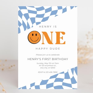 Editable One Happy Dude Birthday Invitation_First Birthday Party_Checkered invite_Digital Template_Baby&#39;s 1st birthday_Mobile Invite