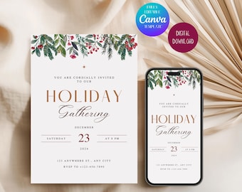Może przedstawiać: Zaproszenie na świąteczne spotkanie z uroczystym designem. Zaproszenie zawiera tekst "Holiday Gathering" i zawiera datę, godzinę i miejsce. Smartfon wyświetla to samo zaproszenie. Projekt zawiera elementy botaniczne.