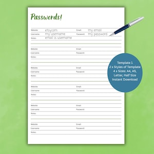 Può includere: Un foglio bianco per organizzare le password con testo verde e una penna blu. Il foglio ha sezioni per sito web, nome utente, e-mail e password. Un cerchio blu indica che il modello è disponibile in più dimensioni.