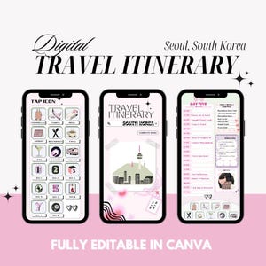 Cute Digital Travel Itinerary Template | 18 Page Editable South Korea Travel Guide | Mobile Travel Planner | Customizable Canva Template