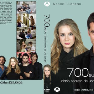 May include: DVD cover art for the Spanish-language television series "700 Euros: Diario Secreto de una Call Girl." The cover features a blue background with the title of the series in white text. The actors' names, "Merce Llorens" and "Toni Canto," are listed at the top of the cover. The cover also includes a photo of the two main actors, a woman with long blonde hair and a man with short dark hair.