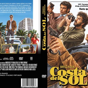 May include: DVD cover art for the first season of the Spanish television series "Brigada Costa del Sol". The cover features four men in a dramatic pose, with a gun in the foreground. The text on the cover reads "Brigada Costa del Sol" and "Primera Temporada".