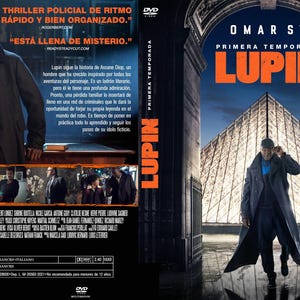 May include: DVD cover art for the first season of the French TV series "Lupin", starring Omar Sy. The cover features a close-up of Sy in a dark coat, standing in front of the Louvre Pyramid. The text on the cover reads "Lupin" in large, bold letters, and "Primera Temporada" in smaller letters. The text "Omar Sy" is also featured in large letters.