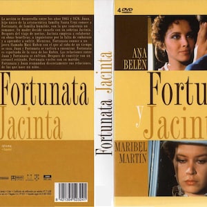 May include: DVD case for the Spanish film "Fortunata y Jacinta." The cover features images of the actors and the film's title in large, stylized lettering. The case is primarily gold and brown.