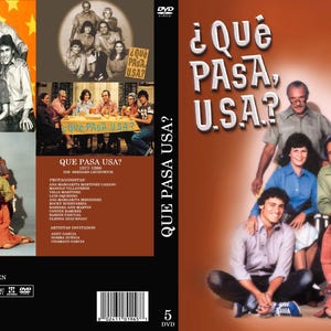 May include: DVD box set cover art for the Spanish-language television series "¿Qué Pasa, U.S.A.?" The cover features a group of actors in a variety of poses. The title of the show is written in large, bold letters. The text "Que Pasa USA?" is also visible on the cover.