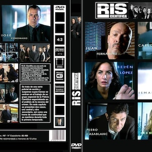 May include: A DVD cover for the Spanish television series "RIS: Científica". The cover features a group of actors, including José Coronado, Juan Fernández, Belén López, Carlos Leal, Ismael Martínez, Pedro Casablanc, and Irene Montalá. The text on the cover reads "RIS: Científica" and includes the show's logo, a stylized "RIS" with a plus sign and the word "Científica" below it.