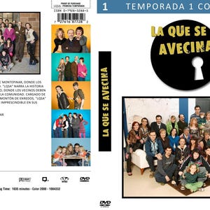 May include: DVD cover art for the first season of the Spanish comedy series "La que se avecina". The cover features a group of actors in a colorful setting. The title of the show is written in large, bold letters. The DVD cover also includes a keyhole icon.
