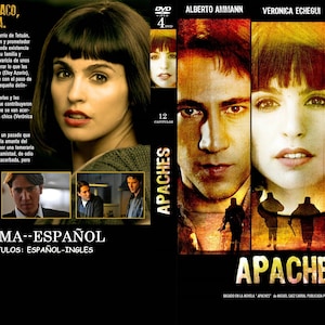 May include: DVD cover art for the Spanish-language film "Apaches". The cover features three actors, Alberto Ammann, Veronica Echegui, and Eloy Azorin, against a yellow and orange background. The title "Apaches" is written in large, white letters at the bottom of the cover.