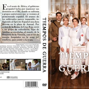 May include: A DVD cover for the Spanish television series "Tiempo de Guerra" (Time of War). The cover features a group of nurses in white uniforms with red crosses, standing in front of a hospital hallway. The title of the series is written in large, bold letters in Spanish.