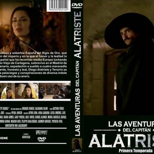 May include: DVD cover art for the first season of the television series "The Adventures of Captain Alatriste". The cover features a dark-haired woman in a red dress and a man in a black cloak and hat. The title "Las Aventuras del Capitan Alatriste" is written in gold lettering on a black background.