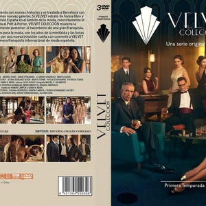 May include: DVD box set for the television series "Velvet Colección: Primera Temporada." The cover features a group of actors in vintage attire, with the title and series information prominently displayed. The box set includes 3 DVDs.