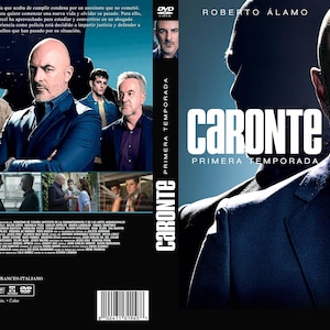 May include: DVD cover art for the first season of the Spanish-language television series "Caronte." The cover features a close-up of a man's face, with the title of the show and the words "Primera Temporada" (First Season) in large, white letters.