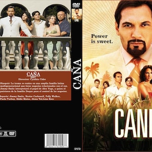 May include: DVD cover for the TV series "Cane." The cover shows a group of people on a balcony and a man's face with the text "Power is sweet." The title "Cane" is prominently displayed.