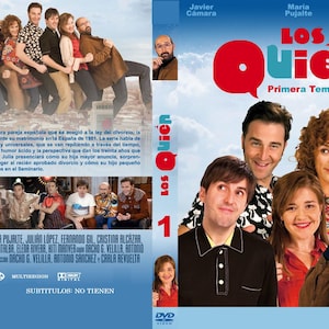 May include: DVD cover for the Spanish TV series "Los Quién: Primera Temporada". The cover shows a group photo of the cast, with the title in large, colourful letters. The back of the DVD case includes a synopsis and cast credits.