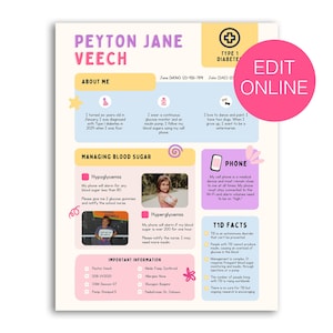 以下が含まれることがあります： パステルカラーの情報シートで、上部に「Peyton Jane Veech」という名前と1型糖尿病に関する詳細が記載されています。「私について」、「血糖値の管理」、および「T1Dの事実」に関するセクションが含まれています。