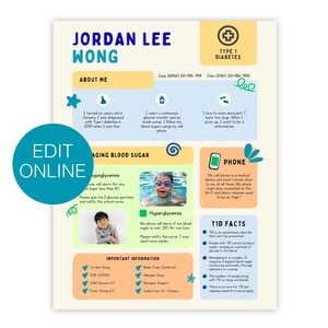 Puede incluir: Documento informativo de color beige claro con el nombre "Jordan Lee Wong" en azul. El documento incluye secciones sobre "Acerca de mí", "Envejecimiento del azúcar en sangre", "Teléfono" y "Datos sobre la DT1", con texto y gráficos de apoyo. Un círculo turquesa con "Editar en línea" está en la parte inferior izquierda.