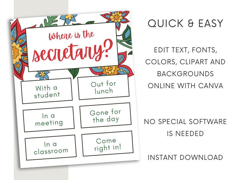 EDITABLE Door Sign - Out of Office Name Sign for Secretary, Teacher ...