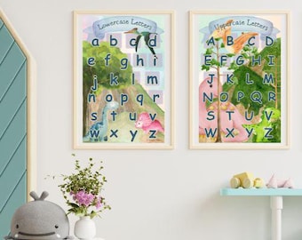 Set de pósteres del alfabeto con temática de dinosaurios / Letras mayúsculas y minúsculas / Descarga digital