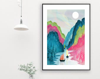 Norway Print, Norway Fjord Art Print, Large Wall Art, Poster, Landscape Illustration, Scandinavian Travel Art, Home Decor, Gift