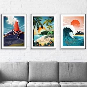 Hawaii Print Set | Tropical Prints | Waikiki Beach | Oahu Print | Haleakala Print | Hawaii Volcanoes | National Park Poster