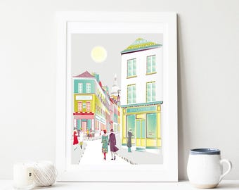 Paris Art Print Montmartre, French Wall Art, Illustration Cafe Society Skyline Cityscape Illustration, For Home, Office: Style MPSX01
