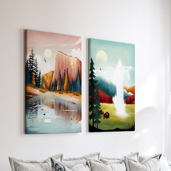 Large Canvas Wall Art, SET OF 2, National Park Poster, Travel Art, Oversized Wall Art, Framed Wall Art, Ready To Hang Mounted Canvas