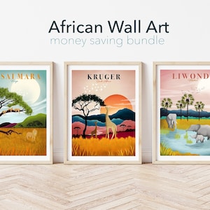 African Wall Art, Travel Poster, Set of 3 Prints, Safari Nursery Print, South Africa, Serengeti, Malawi, African Travel Art Print Set