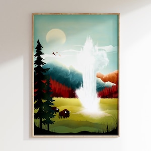Yellowstone National Park Print: Old Faithful, Wyoming Travel Poster