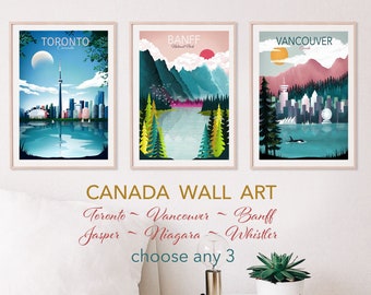 Canada Poster Set | Set of 3 Prints | Canada Print | Canada Wall Art | National Park Art | Banff, Jasper, Toronto and Vancouver