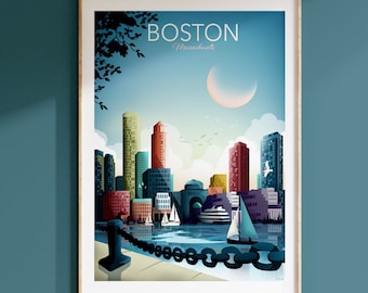 Boston Skyline Print, Massachusetts poster, Travel theme decor, Living Room Wall Art, Travel Poster, Home Office Art, Gift, Souvenir