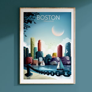 Boston Skyline Print, Massachusetts poster, Travel theme decor, Living Room Wall Art, Travel Poster, Home Office Art, Gift, Souvenir