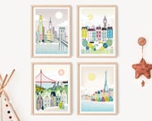 Print Set of 4 | Travel Nursery Decor | Choose any 4 from my shop: Paris Print | London Print | New York Poster | San Francisco Art