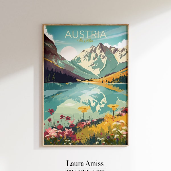 Österreichische Alpen, Reiseposter, Österreich Wandkunst, Alpen Plakat, Wohnzimmerdekor, Souvenir, Geschenk, druckbare Reisekunst