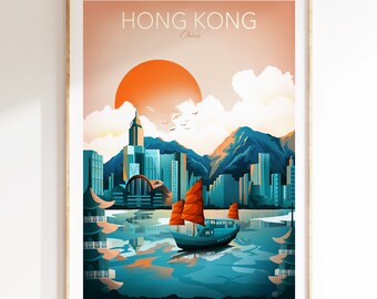 Hong Kong Poster, Asian Wall Art, China Print, City Print, Travel Wall Art, Hong Kong Skyline Print, China Travel Print, Chinese Travel Wall