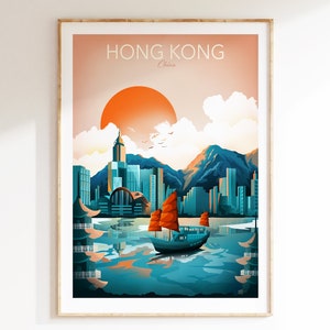 Hong Kong Poster, Asian Wall Art, China Print, City Print, Travel Wall Art, Hong Kong Skyline Print, China Travel Print, Chinese Travel Wall