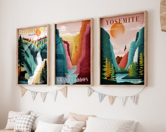 Nationaal Park poster, set van 3 prints, statement kunst aan de muur, reisposters, Yosemite - Grand Canyon - Yellowstone En nog veel meer!