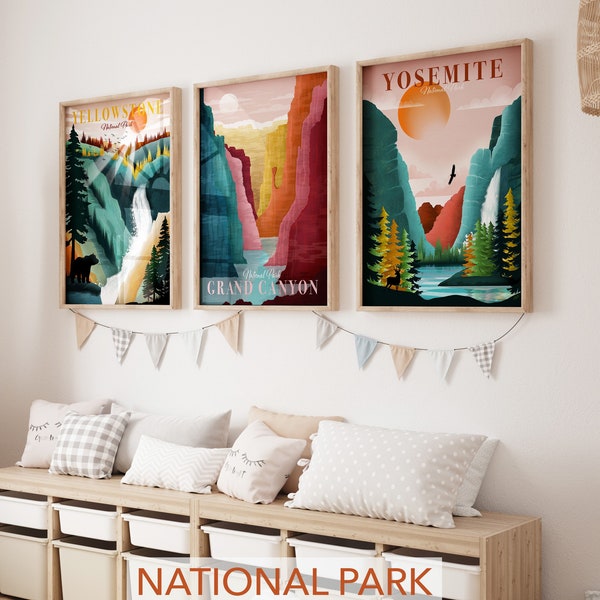 National Park Poster, Set of 3 Prints, Statement Wall Art, Travel Posters, Yosemite - Grand Canyon - Yellowstone Plus many more!