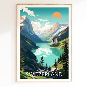 Switzerland Travel Print, Featuring Oeschinensee Lake, Europe Travel Poster, Swiss Alps Wall Art, Living Room Decor