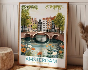 Amsterdam Print, Retro Travel Poster, Amsterdam Wall Art, Esthetische Reiskunst, Souvenir, Kunstcadeau, Huwelijkscadeau, Jubileumcadeau