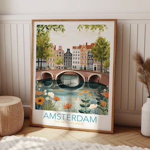 Amsterdam Print, Retro Travel Poster, Amsterdam Wall Art, Esthetische Reiskunst, Souvenir, Kunstcadeau, Huwelijkscadeau, Jubileumcadeau afbeelding 1