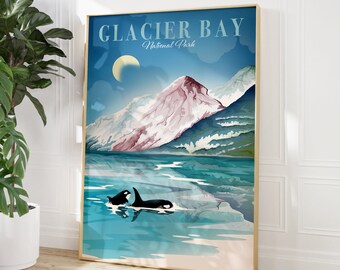 Alaska Wall Art, plakat podróżniczy, wydruk Glacier Bay, plakat National Park, wydruk Orca, Wilderness Wall Art, duża sztuka ścienna, drukowana sztuka ścienna
