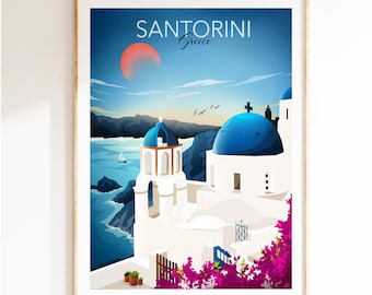 Santorini Travel Print, Greece Poster, Greek souvenir, Home Decor Wall Art, Engagement Gift, Living room wall art